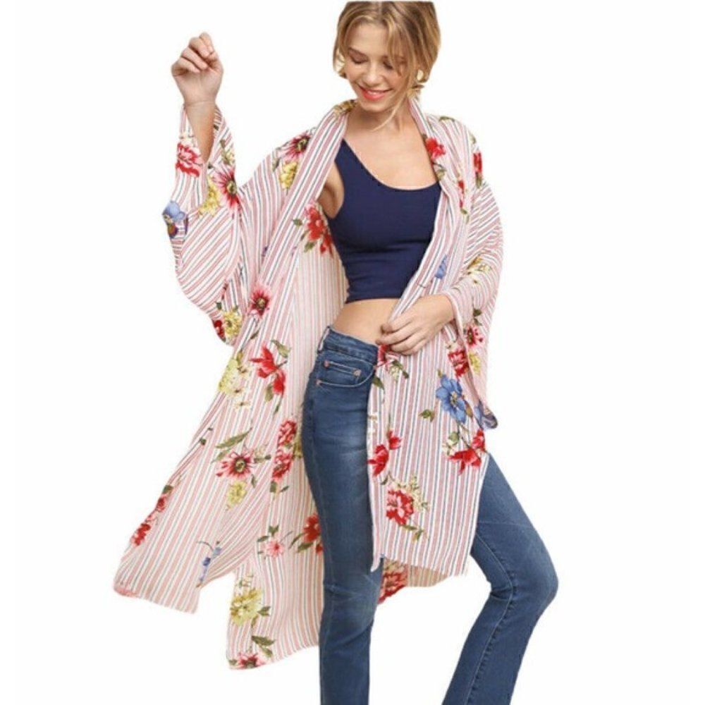 Umgee USA Kimono Duster Floral Striped Women S/M Open Front Long Side Slits Boho